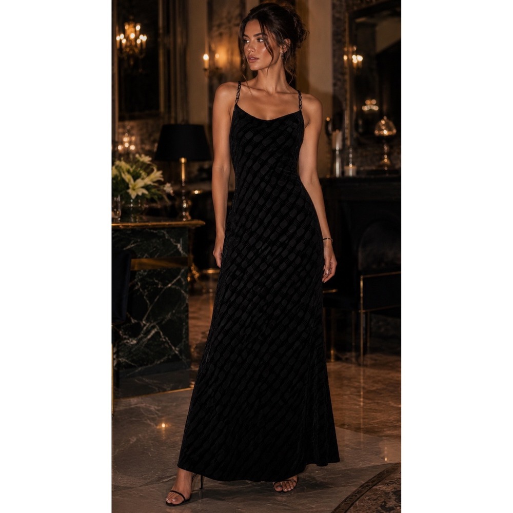 Vintage Gunne Sax Jessica McClintock Black Contrast Velvet Maxi Dress 9/10 EUC